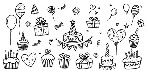 Set of party doodle. Sketch of Birthday decoration, gift box, cake, party hats in sketch style. Hand drawn vector illustration isolated on white background.