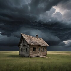 image of a lone, weathered wooden shack under a tumultuous sky filled with swirling dark clouds indicating an approaching thunderstorm. The shack is perched on an open, grassy plain, and bending grass