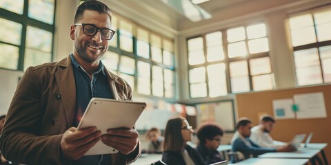 A teacher smiles as he uses a tablet in a bright classroom filled with attentive students, reflecting the integration of technology in modern education and a positive atmosphere.