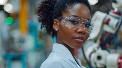 Close-up of Woman and AI Robot Collaborating in Factory Setting, Highlighting Human-Machine Interaction and Future Industrial Synergy in Professional Natural Light