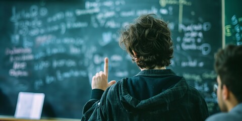 A student is meticulously working on complicated equations written on a chalkboard in what appears to be an advanced math or science class, demonstrating focus and analytical skills.