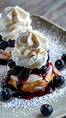 Yummy Dessert with Choux Pastries, Cream, and Blueberries on a Plate