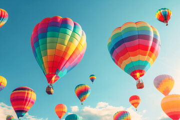 Fototapeta premium Numerous large rainbow-colored hot air balloons soaring in the sky, representing support for the LGBTQ+ community during Pride Month
