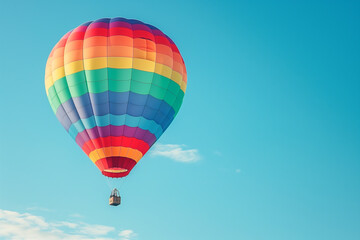 Naklejka premium Single large rainbow-colored hot air balloon soaring in a clear, bright sky, representing support for the LGBTQ+ community during Pride Month