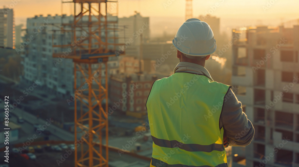 Poster Back view of an engineer with a hard hat at a building construction site during golden hour
