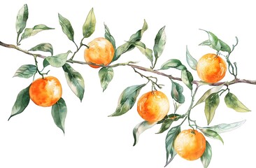 Watercolor oranges on branches with leaves, simple design

