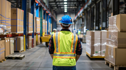 Safety-geared worker overseeing logistical operations in a busy warehouse