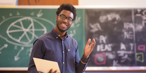 A smiling male teacher, wearing a blue shirt, uses a tablet to instruct students while standing in front of a chalkboard filled with geometric figures, creating a lively, engaging classroom atmospher