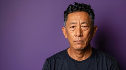 Fototapeta premium Portrait of Asian man in his middle years posing against a purple backdrop