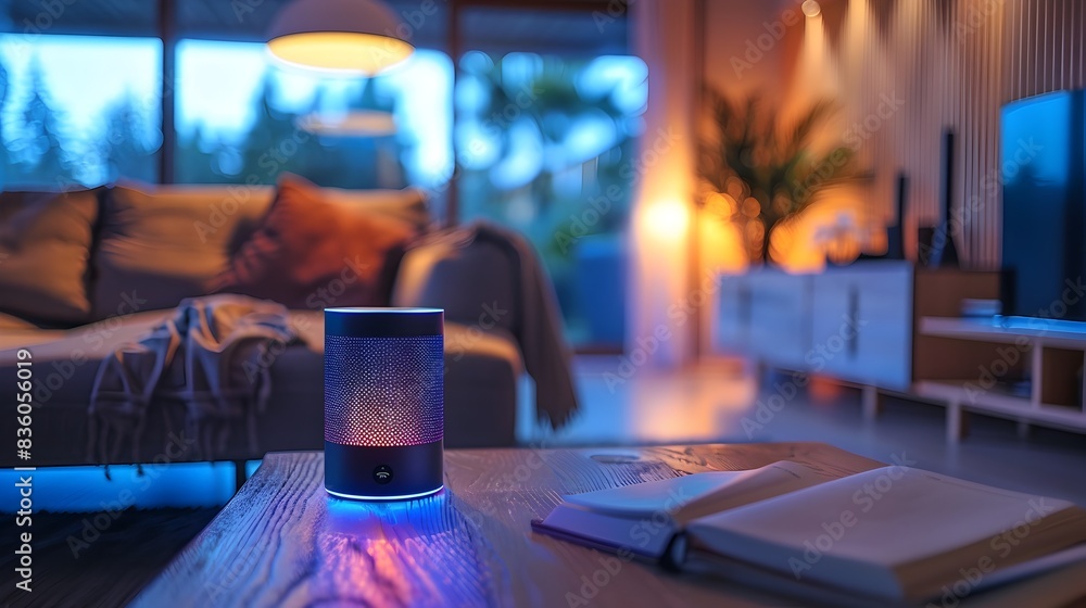 Poster smart home system automating lighting temperature and security with voice commands