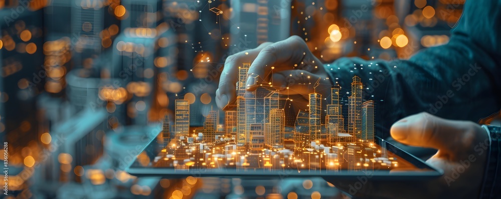 Aufkleber architect visualizing building renovations in augmented reality on tablet futuristic city skyline in