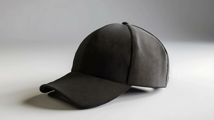 Black baseball cap resting at an angle on a solid white background.