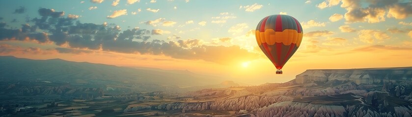 Fototapeta premium Breathtaking Hot Air Balloon Ride Over Fairytale Landscapes at Sunset