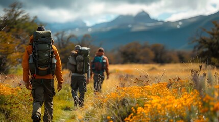 Obraz premium Hikers Navigating Rugged Trails of Wilderness on Adventurous Journey