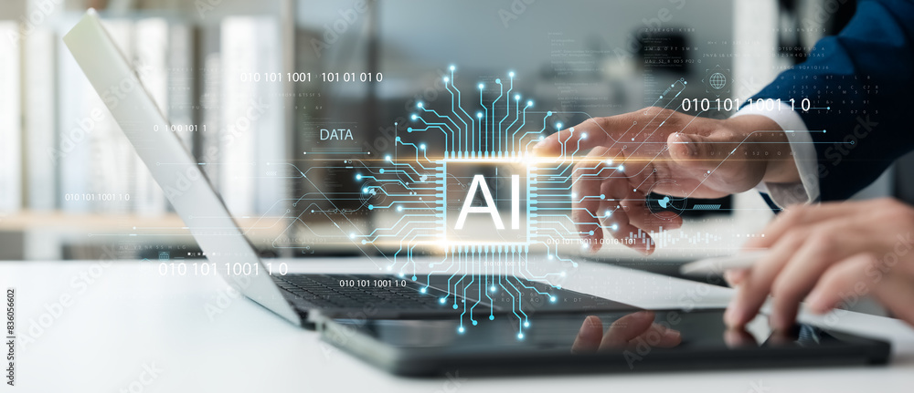 Poster businessman uses laptop to work with ai, artificial intelligence ai application to help human work t