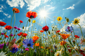 Beautiful spring meadow with colorful wild flowers under a blue sky and sun rays, in a wide angle.