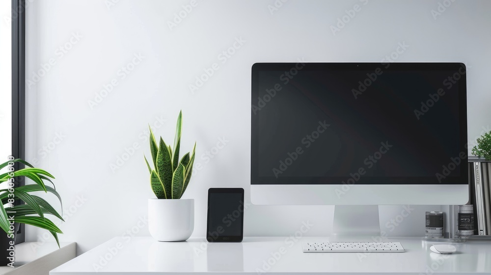 Poster a minimalist office setup with a computer monitor and keyboard, leaving plenty of white space for te