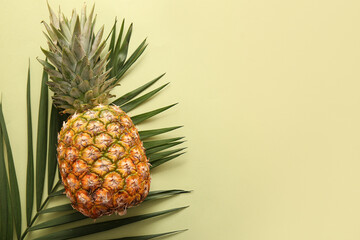 Fresh pineapple and palm leaf on green background