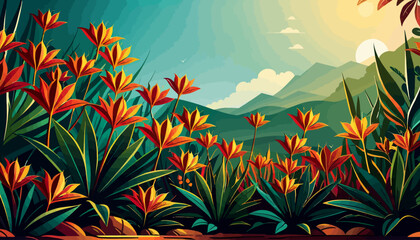 Vector forest graphic, vectorized plant background scenery, green, red, sunrise, sunset, plantation abstract plant background illustration vector graphic