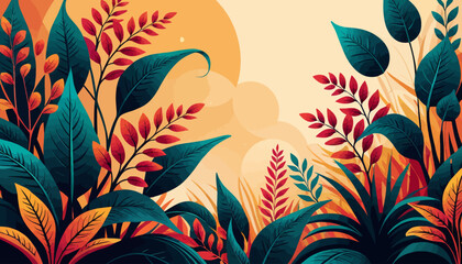 Vector forest graphic, vectorized plant background scenery, green, red, sunrise, sunset, plantation abstract plant background illustration vector graphic