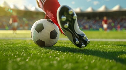 Obraz premium A football player's legs kick the ball on the green grass
