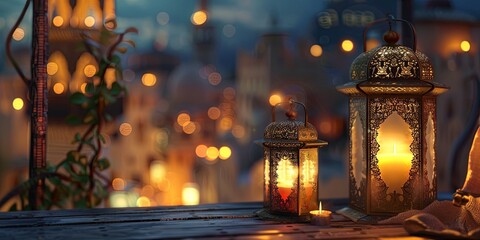 Obraz premium Enchanting Nighttime Lantern and Mosque Scene