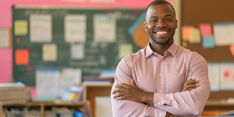 Fototapeta premium A man in a pink shirt stands confidently in a classroom with a smile. The chalkboard behind him is filled with educational material, indicating a dynamic learning environment.