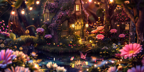 Obraz premium christmas tree lights, 2d background Fairy Garden A whimsical fairy garden with tiny fairy houses, colorful flowers, twinkling lights, and fairies fluttering around a small pond