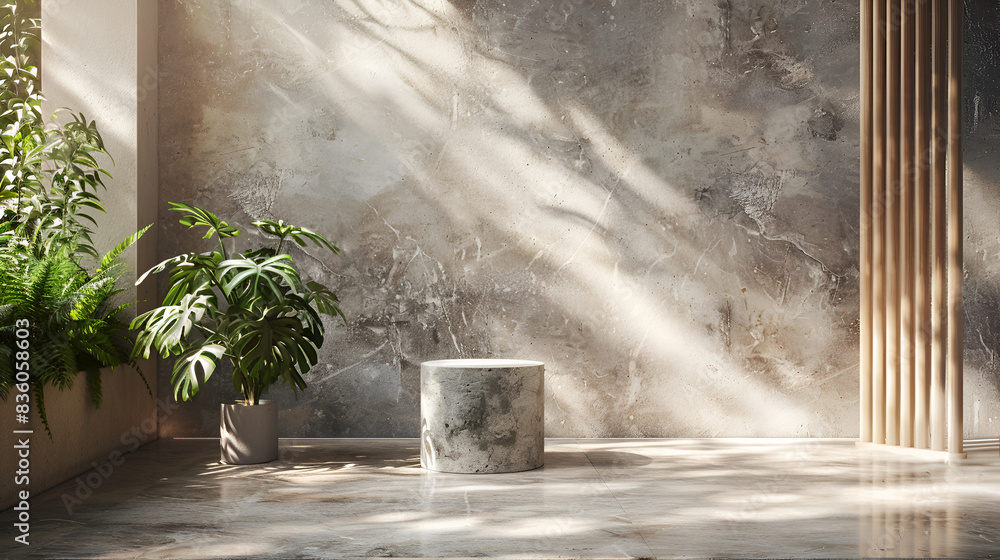 Poster white marble product display podium with nature leaves background. 3d rendering,marble table with tr