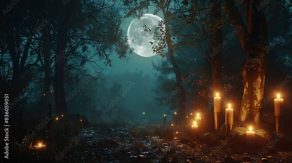 Poster deep forest scene with candles and symbolic moon amulet casting ethereal light.