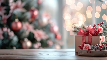 Beautiful Christmas scene with decorated gifts and a glowing Christmas tree, perfect for holiday celebrations and festive decor inspiration.