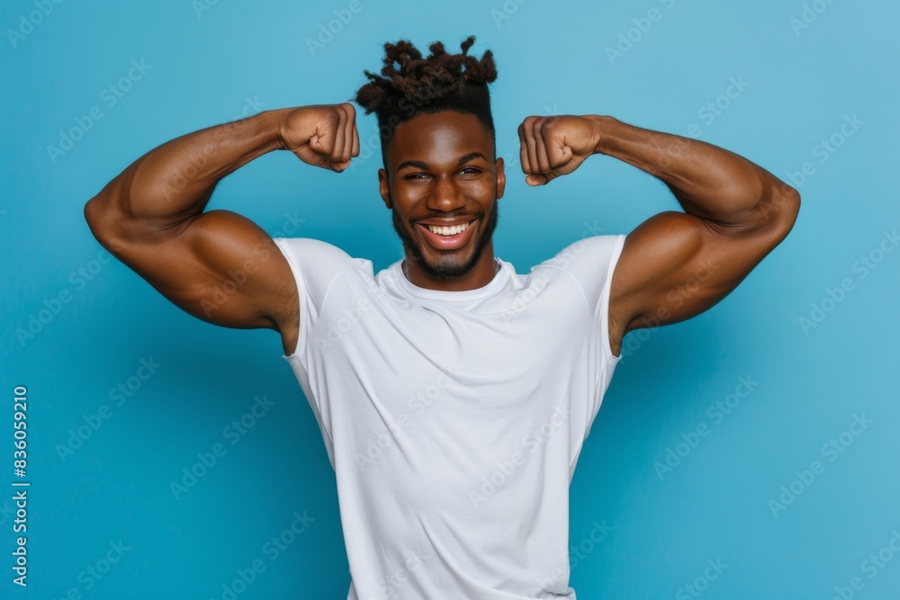 Sticker Muscular man in white shirt on a blue background