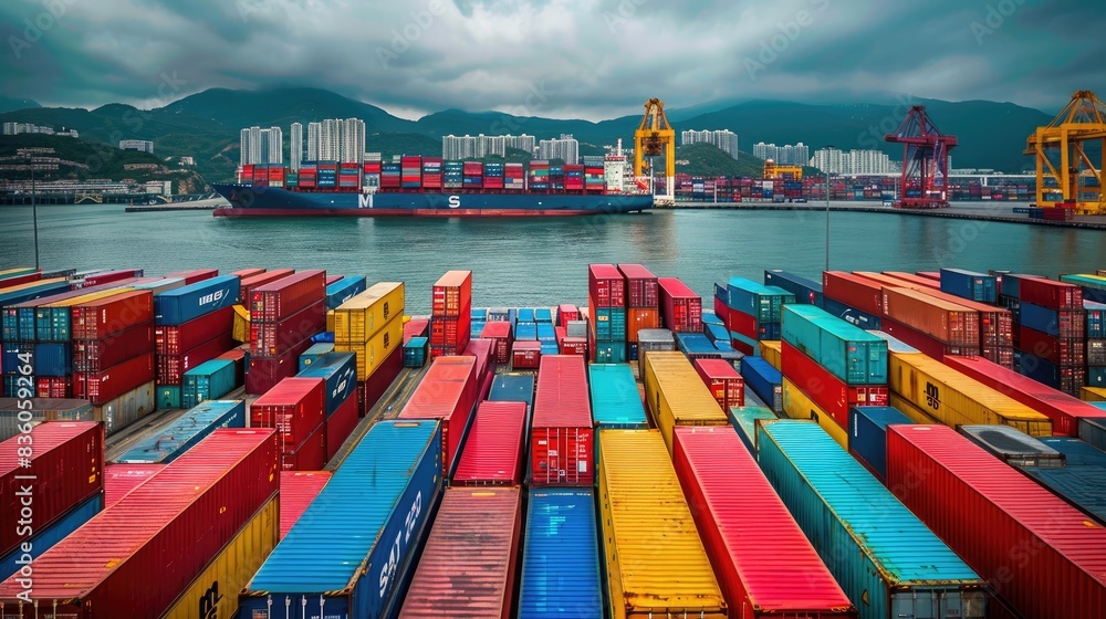 Aufkleber a port filled with colorful shipping containers, with a cargo ship in the background ready for loadi