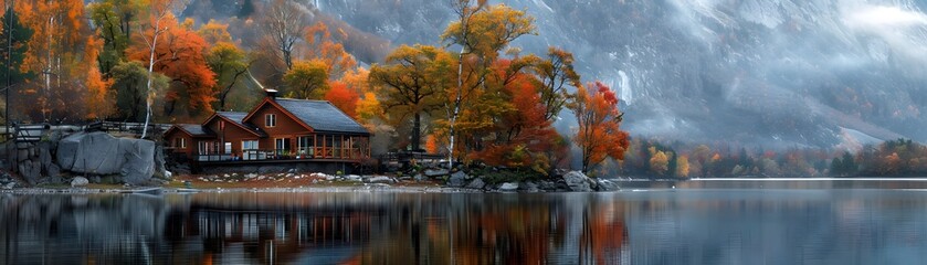 Fototapeta premium Serene Mountain Cabin Nestled in Vibrant Autumn Foliage with Tranquil Lake Reflections and Majestic Landscape
