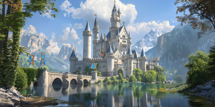 A magical fairy tale castle with tall spires, a drawbridge over a moat, colorful banners, and a princess looking out from a balcony 2d