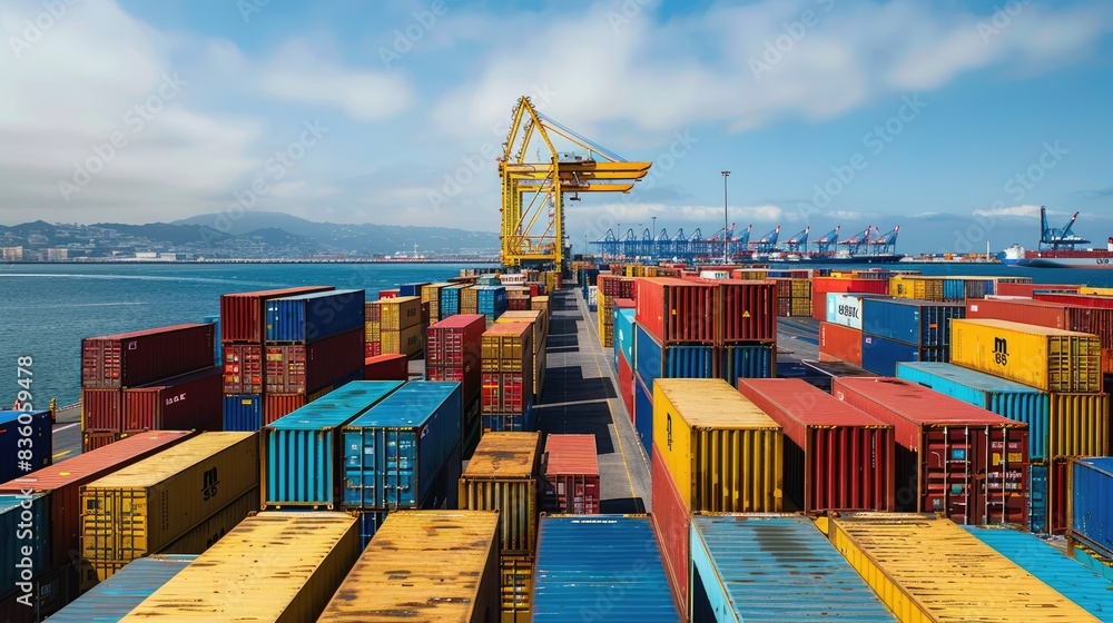Poster a port filled with colorful shipping containers, with a cargo ship in the background ready for loadi