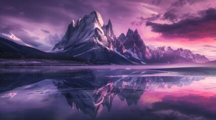 Stunning mountain range reflected in a calm lake at sunset, creating a surreal and majestic landscape. Concept of nature, beauty, and tranquility.
