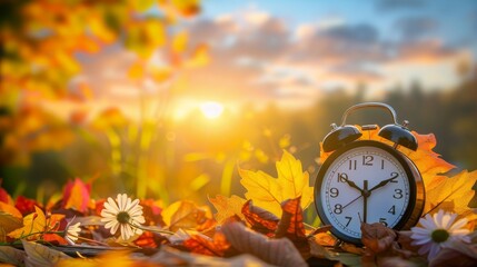 Retro alarm clock surrounded by autumn leaves and flowers, symbolizing the passage of time and...