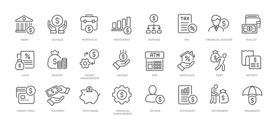 Personal financial minimal thin line icons. Related money, insurance, loan, debt. Editable stroke. Vector illustration.