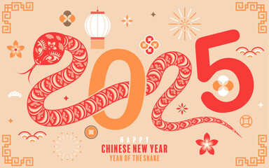 Happy chinese new year 2025  the snake zodiac sign with flower,lantern,pattern,cloud asian elements flat design style on color background. (Translation : happy new year 2025 year of the snake)
