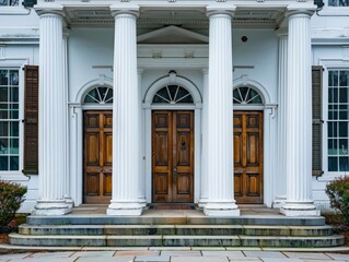 Obraz premium Colonial-style building facade with white columns, symmetrical windows, and a grand entrance, showcasing classic American architecture 