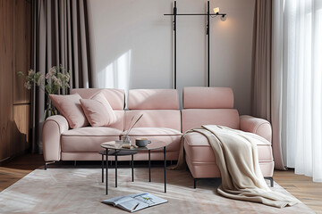 photo of light pink sofa and recliner chair in scandinavian indoor style 