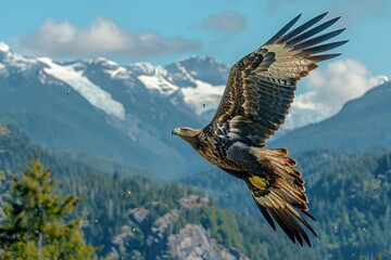 Obraz premium Eagle Soaring Focus on an eagle soaring high in the sky, with a mountain range in the background, empty space right for text
