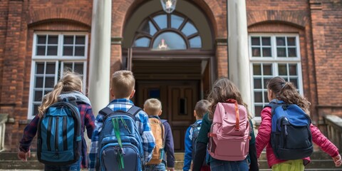 Obraz premium A group of young children with backpacks walk together up the steps towards a large brick school building, symbolizing the start of their educational journey.