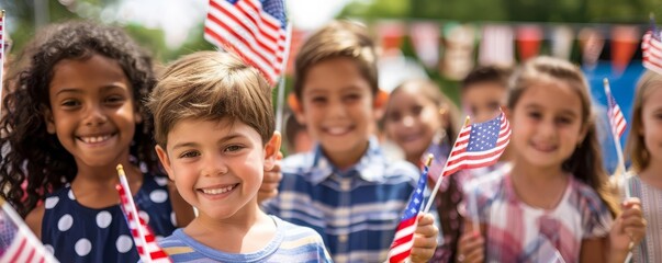 Fototapeta premium flag day children waving flags A group of children waving small flags and smiling, with a background of patriotic decorations