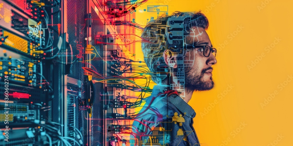 Poster the image shows a man standing in a room with a lot of computer servers. the man is looking at the c