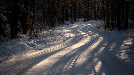 Obraz premium Serpentine winter road under low sun casting long shadows