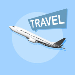 Flying passenger airplane with travel text in speech bubble