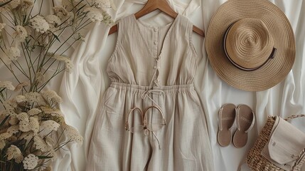 A flat lay featuring a sleeveless blouse, linen trousers, and a pair of chic slides with a clutch bag