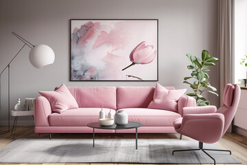 photo of light pink sofa and recliner chair in scandinavian indoor style 
